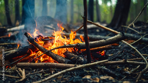 A vibrant campfire with flames consuming logs amidst a forest setting portrays warmth and survival
