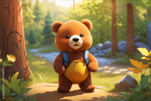 Cute animated bear cub with bright eyes wearing a backpack, ready for an adventurous day in the forest