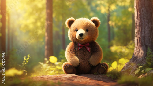 A charming teddy bear with a bow tie sits in a sun-drenched forest setting, evoking a magical, storybook atmosphere