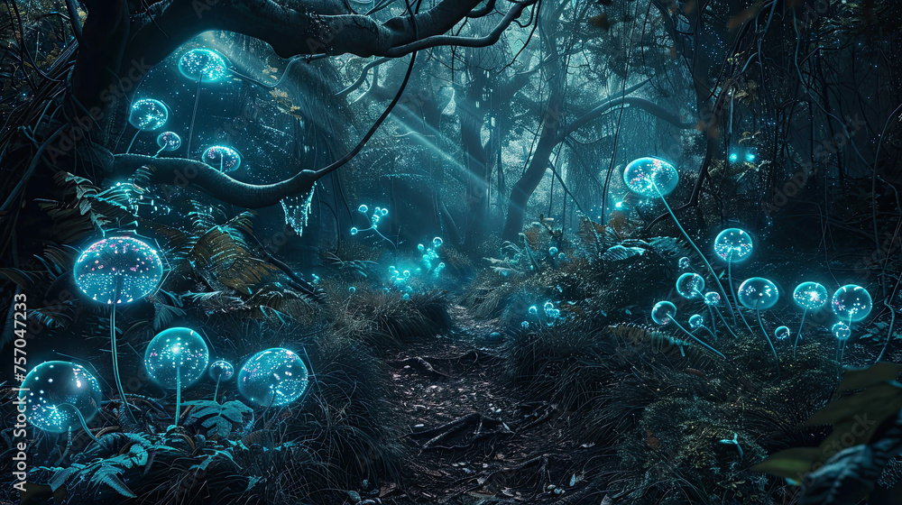 Fototapeta premium A mystical trail through an enigmatic forest, aglow with otherworldly mushrooms casting a dreamlike radiance on the underbrush.