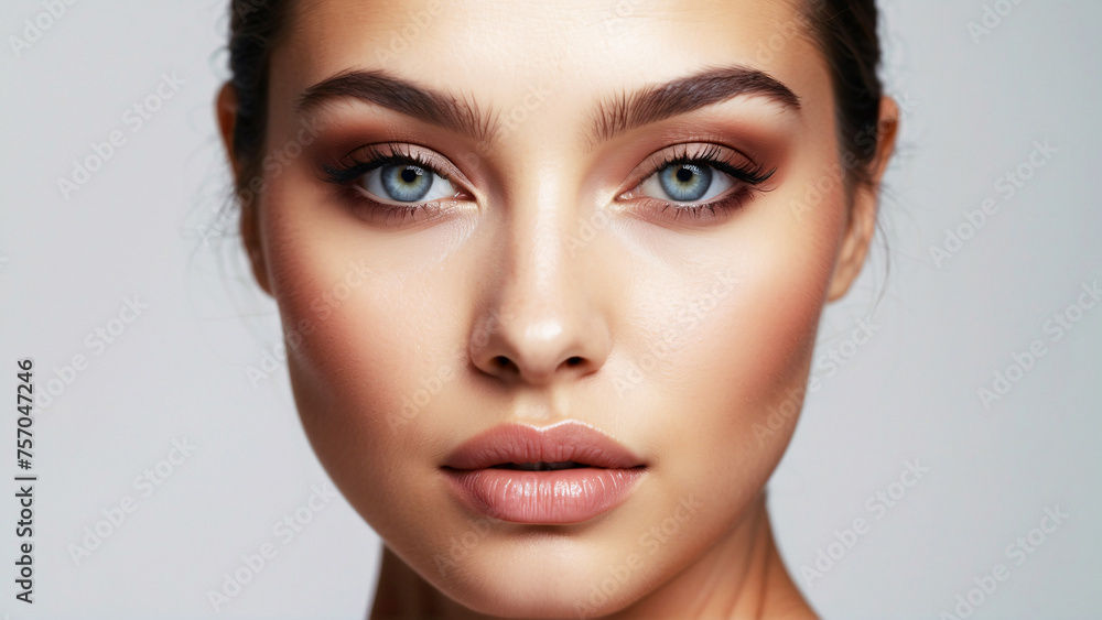 The model has well-defined makeup highlighting her expressive eyes and full lips against a subtle background The model has well-defined makeup highlighting her expressive eyes and full lips against a subtle background