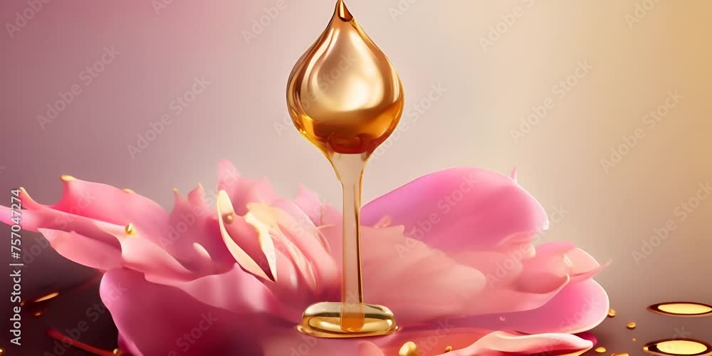 illustration. 3d flower pink on drop essence oil gold collagen cosmetic illustration. 3d flower pink on drop essence oil gold collagen cosmetic