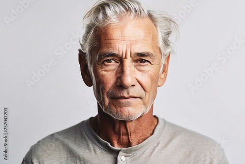 Portrait of a serious senior man with grey hair and a contemplative look against a simple backdrop