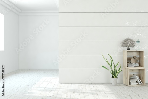 White empty room with home decor and green plant. Scandinavian interior design. 3D illustration