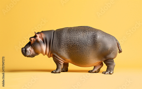 Hippo side view standing on yellow background. Generative AI