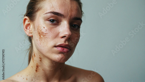 The raw portrayal of a young woman's face affected by a dermatological condition photo