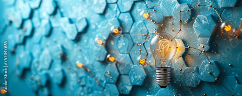 Conceptual image of a lone light bulb connected to multiple white hexagonal shapes symbolizing innovation, network, ideas, and strategic thinking in blue tones photo