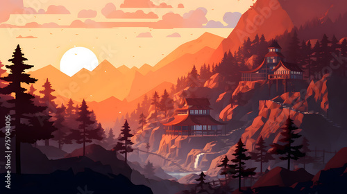 housing on a cliff in the mountains illustration