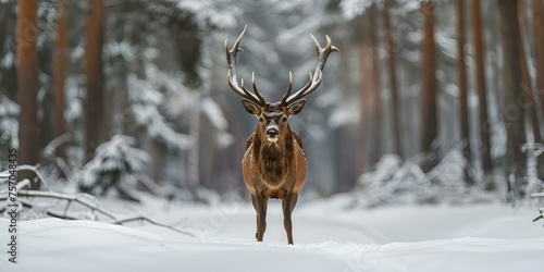 Majestic buck in snowy woods wintry scenery perfect for holiday concepts. Concept Winter Photography, Wildlife in Snow, Holiday Inspiration, Nature Scenes, Festive Wildlife © Ян Заболотний