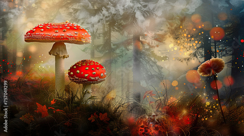 In this artistic rendering  the iconic fly agaric mushrooms stand tall  their vivid red caps dotted with white imbuing a whimsical forest with a fairy tale aura.