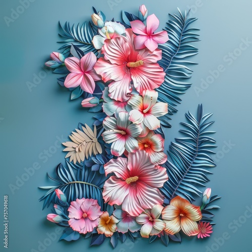 number 1 on a white background. Bouquet. Flowers. Postcard. Exotic tropical plants. Hibiscus