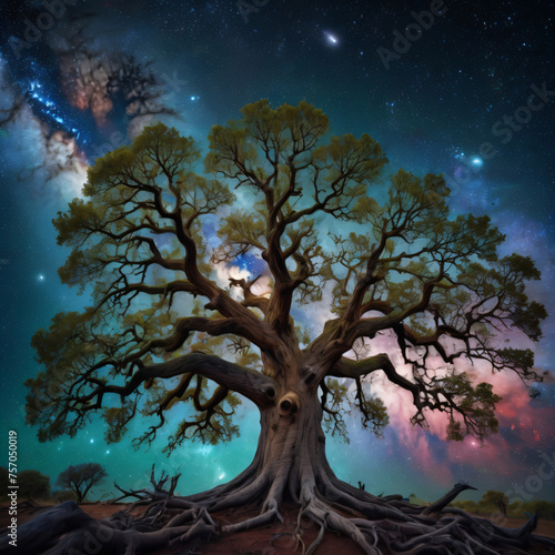 Nighttime Tree Silhouette with Moon in Beautiful Landscape