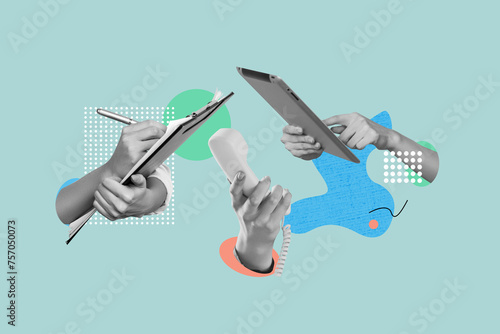 Konstfotografi Creative collage human hands workflow office busy telephone operator project org