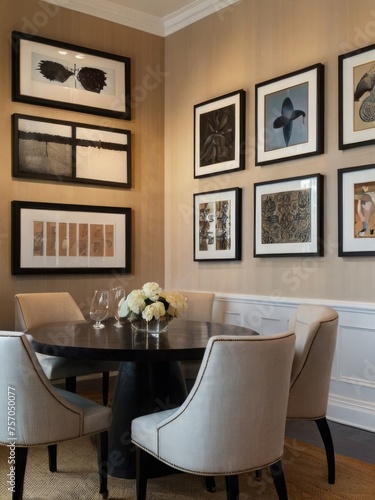 A wall in the dining area transformed into an artistic gallery, showcasing a carefully curated selection of paintings, prints, and framed photographs.