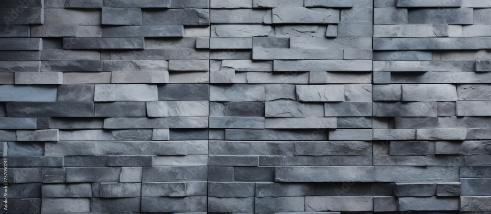 Detailed image of a grey brick wall with a geometric pattern, showcasing the rectangular shapes and unique brickwork as a building material Detailed image of a grey brick wall with a geometric pattern, showcasing the rectangular shapes and unique brickwork as a building material