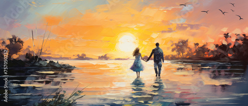Family man and woman holding hands  walking on the water.
