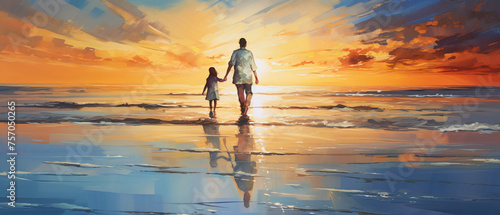 Family man and woman holding hands, walking on the water.