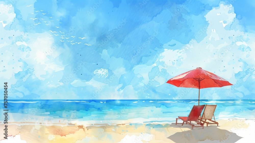 plage, été et cocktail au soleil, aquarelle sur le thème des vacances au bord de la mer, illustration ia générative