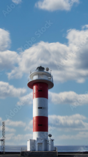 red lighthouse on a blue cloudy sky background. vertical orientation.