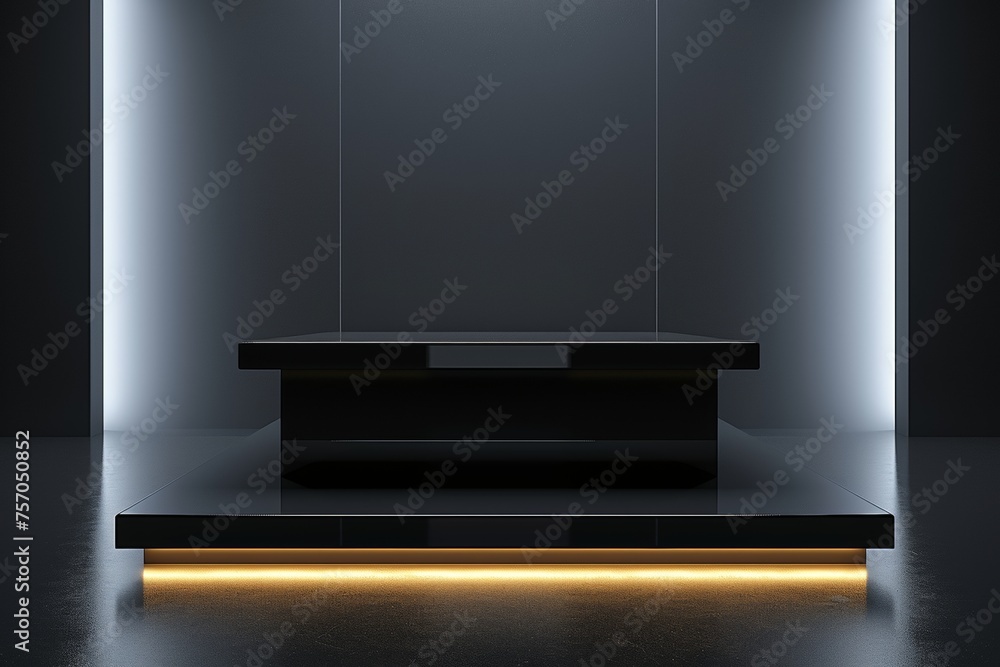 A sleek podium characterized by its dark, glossy finish A sleek podium characterized by its dark, glossy finish