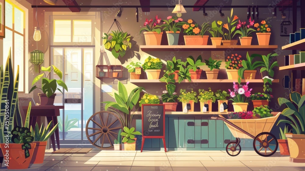Plants in pot and vase standing on wooden racks and shelves ...