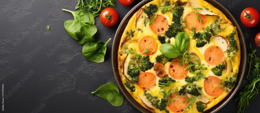 A delicious pizza made with plum tomatoes and fresh spinach on a table. This recipe uses natural ingredients like leaf vegetables and fruits to create a flavorful dish A delicious pizza made with plum tomatoes and fresh spinach on a table. This recipe uses natural ingredients like leaf vegetables and fruits to create a flavorful dish