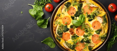 A delicious pizza made with plum tomatoes and fresh spinach on a table. This recipe uses natural ingredients like leaf vegetables and fruits to create a flavorful dish