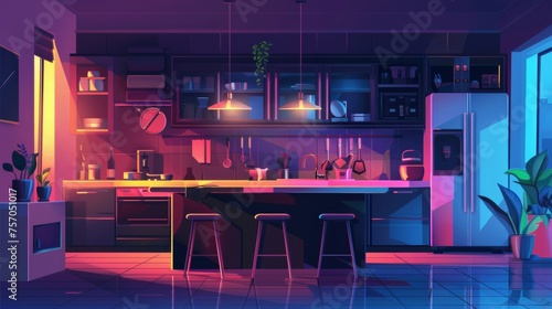 Modern home kitchen interior at night with clean modern furniture and appliances, light from hanging lamps. Cartoon modern dark evening cozy cooking room with large window. photo