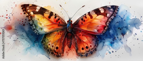 The watercolor butterfly is isolated on a white background. This colorful rainbow butterfly has spray paint on its wings. This watercolor butterfly image is perfect for use in bright watercolor