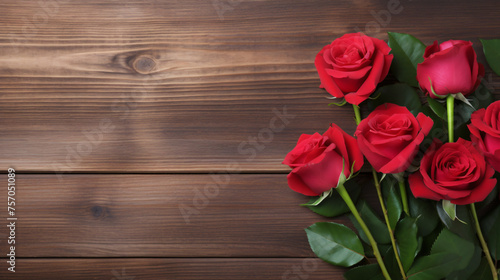 Bouquet of roses on wooden background copy space