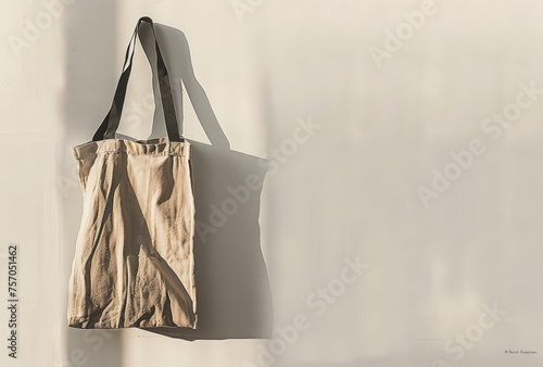 A canvas tote bag hanging on the wall, casting shadows on a white background. Web banner with copy space on the left side