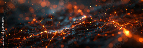 3D render of glowing network connections and neural networks on a black background,3d render abstract Futuristic grid wave background with gradient and dots.Shiny colorful wave flow particles texture