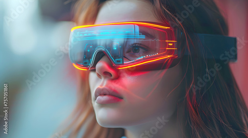 Portrait of a young woman wearing virtual reality goggles.
