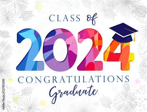 Cute graduating postcard for class of 2024 graduates. Invitation design. Educational festive background and trendy number 2 0 2 4 with academic cap, Handdrawn style elements. Creative typography. photo