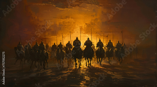 Warriors on foggy sunset background fighting in a medieval battle scene with cavalry and infantry  © iqra