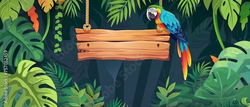 Animated rain forest background with tropical leaves, birds, and wood banner. Wooden sign board hanging on vines in the jungle.