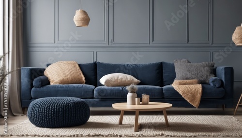  A modern living room in a Mediterranean-style home features a white sofa adorned with beige pillows, positioned near a window with a view, against a backdrop of a stone-clad wall.