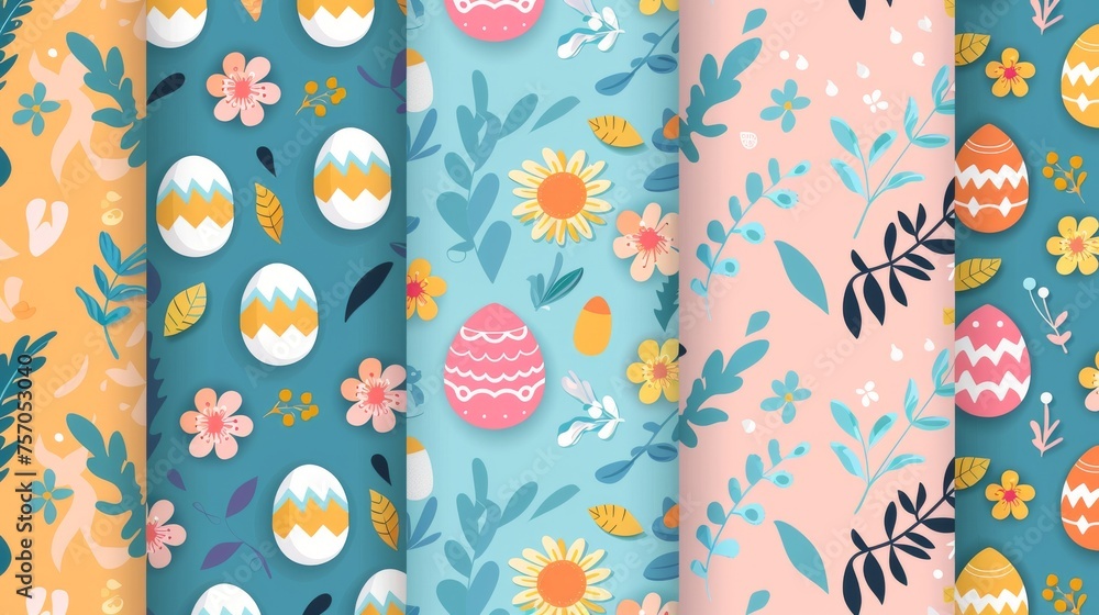 The spring season is repeated in fabric pattern for prints, wallpaper, covers, packaging, kids, ads, and much more. Unique seamless Easter pattern modern set with easter egg, flowers, and foliage. The spring season is repeated in fabric pattern for prints, wallpaper, covers, packaging, kids, ads, and much more. Unique seamless Easter pattern modern set with easter egg, flowers, and foliage.