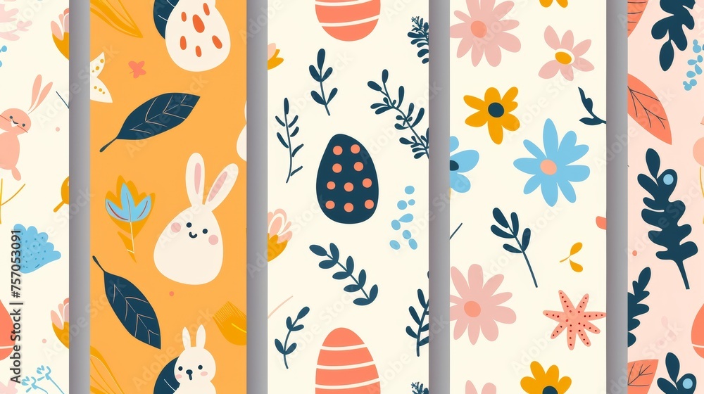 This seamless pattern modern features easter eggs, flowers, foliages, ribbons, and rabbits in a spring season pattern. It may be used for prints, wallpaper, covers, packaging, kids, or ads. - obrazy, fototapety, plakaty 