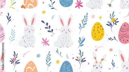 Easter seamless pattern modern, rabbit, flowers, foliage on white. Spring season repeated in fabric pattern for prints, wallpaper, covers, packaging, kids, ads.