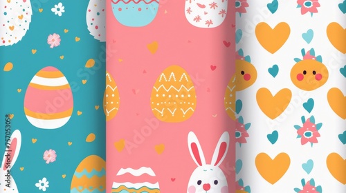 A seamless Easter seamless pattern modern design with easter eggs, rabbits, hearts and spring season repeat patterns for prints, wallpaper, covers, packaging, kids, ads and more.
