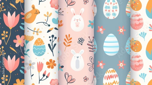Seamless modern pattern of Easter egg, flower, rabbit. Spring season repeated in fabric pattern for prints, wallpaper, cover, packaging, kids, ads...