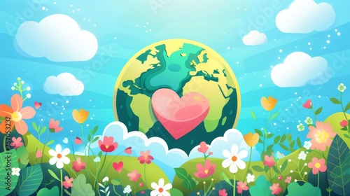An Earth Day concept background modern illustration. Save the earth, globe, flower, earth hugging heart. An eco friendly illustration for web, banner, campaign, and social media.