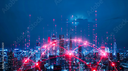 Digital Networking and Futuristic Cityscape at Night, Global Connectivity and Business in Modern Urban Design, Bangkok Skyline