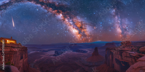 A bright comet flying in sandstone cliffs at night background