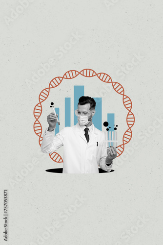 Collage image of confident young doctor scientist hold lab tube medicine test isolated on drawing background © deagreez