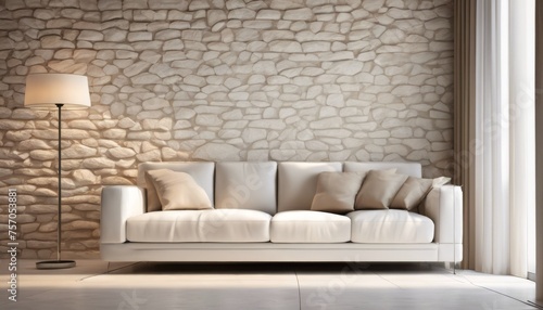  A modern living room in a Mediterranean-style home features a white sofa adorned with beige pillows, positioned near a window with a view, against a backdrop of a stone-clad wall.