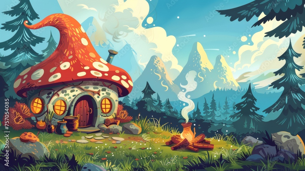 Forest glade with mushroom house and gnome mushroom. Illustration of fairytale scenery, hut with porch and round windows in mountain woodland, boiling pot on a bonfire, smoke rising.