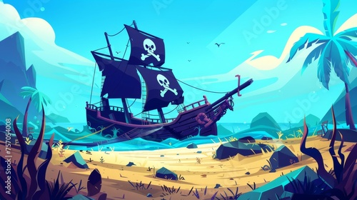 A wrecked pirate ship lying on the bottom of the sea, jolly roger symbol on black sail, treasure hunt adventure game background.