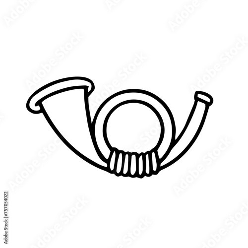 Postal or hunting horn outline doodle symbol. Hand drawn trumpet. Retro post office emblem
